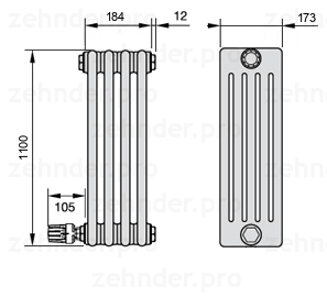 Схема (чертеж) Радиатор Zehnder Charleston 5110/4 №V003 Белый глянцевый RAL 9016
